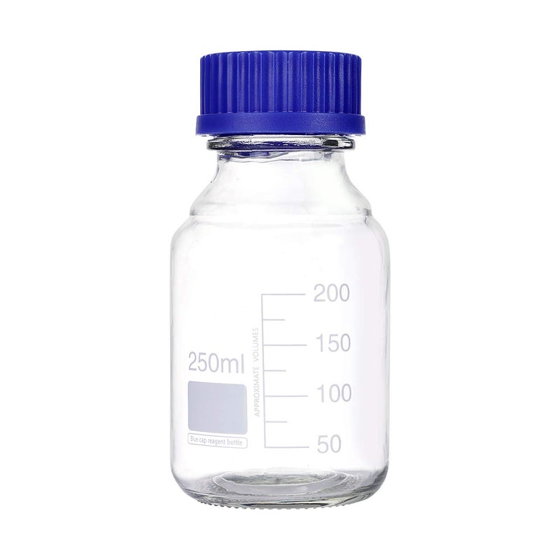 Moonetto 10 Pack 250mL Graduated Round Media/Storage Glass Bottle With GL45 Blue Polypropylene Screw Cap - Image 1
